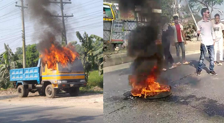 গাজীপুরে গাড়িতে আগুন-ভাঙচুর, মোড়ে মোড়ে পুলিশ